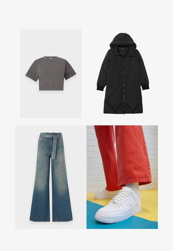 Črna prešita puffer jakna s kapuco, ki ima zadrgo, stranske žepe in elastične manšete. Gladek, vodoodporen material.; Siva skrajšana majica iz bombaža, ki ima kratke rokave, okrogel izrez in preprost, enobarven dizajn brez vzorcev.; Široke jeans hlače z gradientom od svetlo do temno modre, visokim pasom, zankami za pas in pasom iz istega materiala. Tekstura denim končnica.; Beli usnjeni športni čevlji s perforiranim prstnim delom, teksturiranim podplatom in belimi vezalkami, v kombinaciji s širokimi rdečimi hlačami in modro-rumeno ozadje.