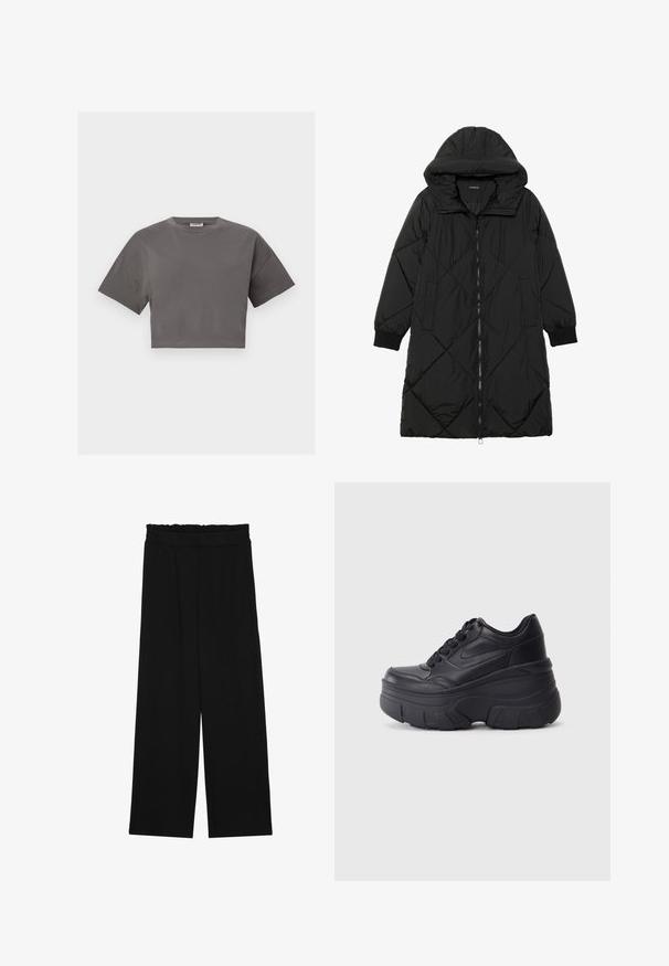 Μαύρο πλεκτό μπουφάν με κουκούλα, που διαθέτει κλείσιμο με φερμουάρ, πλαϊνές τσέπες και ελαστικούς καρπούς. Λείο, αδιάβροχο ύφασμα.; Γκρι κοντομάνικο μπλουζάκι από βαμβάκι, με στρογγυλή λαιμόκοψη και απλό, χωρίς σχέδια σχέδιο.; Μαύρο παντελόνι με φαρδιά πόδια και ριχτό μέσο, που διαθέτει δύο πλαϊνές τσέπες και ύφασμα απαλό και ελαφρύ. Χωρίς ορατά μοτίβα ή μεταλλικά εξαρτήματα.; Μαύρα αθλητικά παπούτσια με κορδόνια και χοντρή σόλα, με επάνω μέρος από λείο δέρμα, στρογγυλή μύτη και διακριτό σχέδιο πλατφόρμας με στρώσεις.