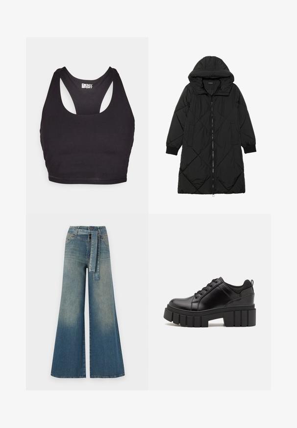 Must-havesinise mustris quiltitudis puffer jakk, millel on kapuuts, tõmblukk, küljetaskud ja elastsed varrukad. Sile, veekindel kangas.; Mustrine spordirinnahoidja, mis on valmistatud siledast kangast, koos racerback disaini ja ümarate kaelustega, taga on väike logo.; Laiad denimpüksid, millel on hele tume sinine gradiendiefekt, kõrge vöökoht, vöökumlid ja sobivast kangast vöö. Struktureeritud denimi viimistlus.; Must musta platvormsussid paksu plokkninal, ümmarguse varbaga ja traditsioonilise nööridega kinnitamisega. Sussid on sileda tekstuuriga ja minimaalsete detailidega.