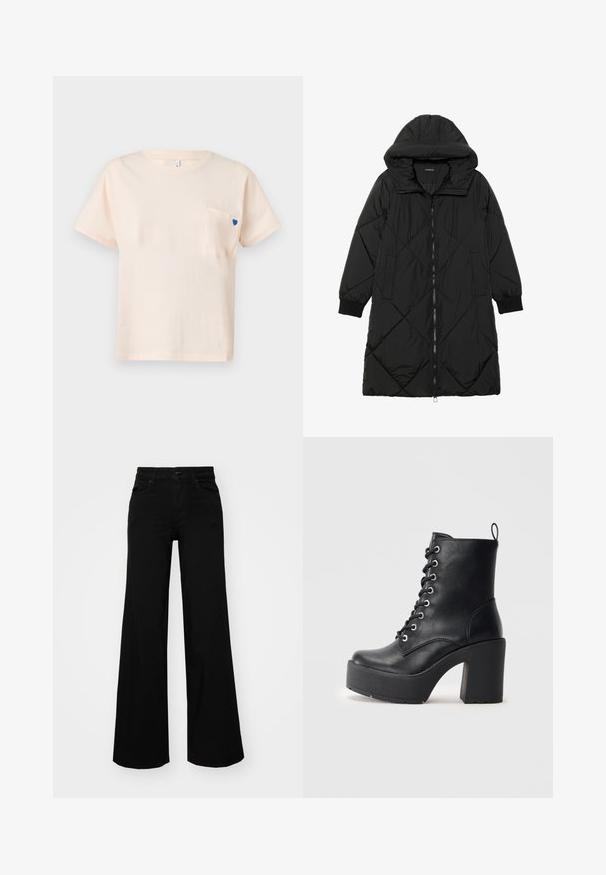 Cappotto imbottito nero trapuntato con cappuccio, caratterizzato da chiusura con zip, tasche laterali e polsini elastici. Tessuto liscio e resistente all'acqua.; T-shirt di cotone rosa chiaro con maniche corte, colletto rotondo e un piccolo design a cuore blu sulla tasca sinistra del petto.; Pantaloni neri a gamba larga in denim, con una vita strutturata, passanti per la cintura e tasche frontali. Texture liscia con un design classico.; Stivale alla caviglia in pelle nera con tacco alto e massiccio, parte anteriore con lacci e superficie texturizzata. Presenta un'etichetta sul retro per una facile calzata.