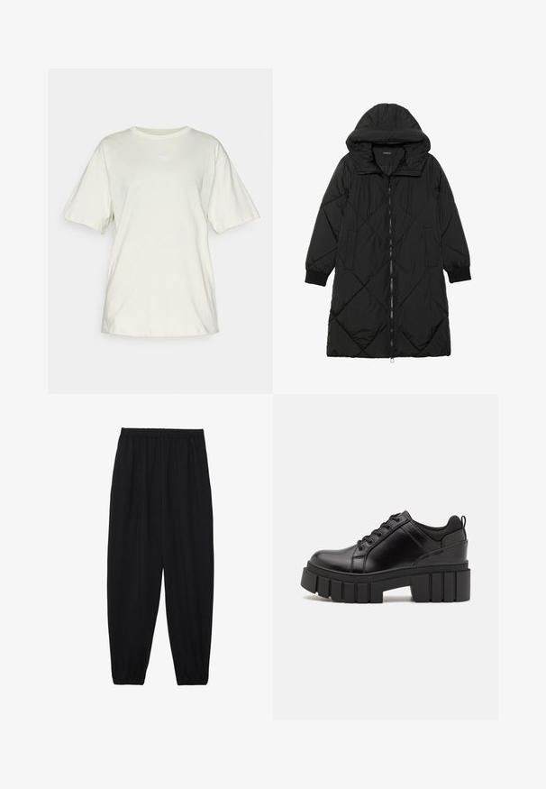 Geacă puffer neagră, matlasată, cu glugă, având închidere cu fermoar, buzunare laterale și manșete elastice. Material neted, rezistent la apă.; Tricou din bumbac bej deschis, cu mânecă scurtă, decolteu rotund și un mic logo alb Puma centrat pe piept. Croială moale, lejeră.; Pantaloni negri, ușori, cu un brâu elastic și tivuri strânse. Materialul este neted și are un design relaxat, conic.; Pantofi cu talpă plată din piele neagră, cu toc gros, vârf rotund și design tradițional cu șireturi. Prezintă o textură netedă și detalii minime.