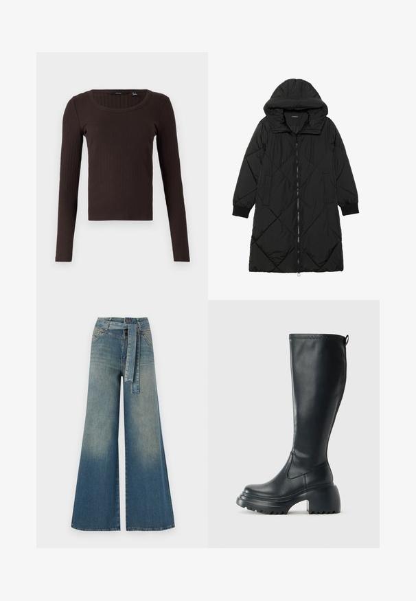 Black quilted puffer coat with a hood, featuring a zip closure, side pockets, and elastic cuffs. Smooth, water-resistant fabric.; Brown long-sleeve ribbed top featuring a rounded neckline and slim fit. The fabric has a soft texture with subtle stretch.; Wide-leg denim trousers featuring a light to dark blue gradient, high waist, belt loops, and a matching fabric belt. Textured denim finish.; Tall black leather boot with chunky platform sole and block heel, featuring pull tab and textured tread on outsole.