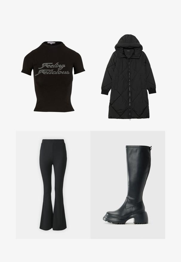 Abrigo acolchado negro con capucha, que cuenta con cierre de cremallera, bolsillos laterales y puños elásticos. Fabricado con un tejido liso y resistente al agua.; Camiseta negra de manga corta con un alto cuello que presenta un texto de rhinestones que dice "Feeling Flicious" en la parte frontal. Material suave.; Pantalones acampanados negros hechos de tejido elástico. Presentan una cinturilla alta y un diseño ajustado y suave que se ensancha desde la rodilla hacia abajo.; Bota alta de cuero negro con suela de plataforma gruesa y tacón cuadrado, que cuenta con una lengüeta y un relieve texturizado en la suela exterior.
