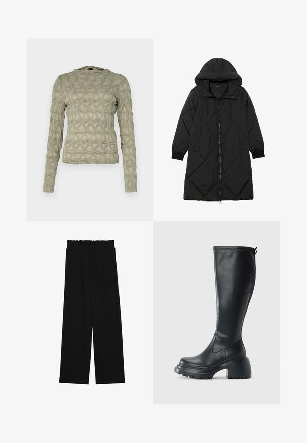 Melnas quiltētas pūkara mētelis ar kapuci, ar rāvējslēdzēja aizdari, sānu kabatām un elastīgām aprocēm. Gluda, ūdensizturīga auduma.; Garšīgas piedurknes tops pelēkzaļā krāsā ar uzpumpētu dimantu tekstūru. Mīksta auduma ar vieglu spīdumu un noapaļotu kakla izgriezumu.; Melnas platās bikses ar volangām jostasvietā, ar divām sānu kabatām un gludu, vieglu audumu. Nav redzamu rakstu vai aksesuāru.; Augstas melnas ādas zābakus ar masīvu platformu un bloka papēdi, ar vilkšanas cilpu un strukturētu profilu uz ārējā zoles.