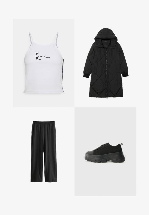 Črna prešita puffer jakna s kapuco, ki ima zadrgo, stranske žepe in elastične manšete. Gladek, vodoodporen material.; Bela brezrokavna kratka majica iz bombaža, ki ima črn vezen napis. Bočna plošča prikaže teksturno tkanino s potiskom.; Črne hlače do kolen, izdelane iz lahkega materiala. Elastičen pas in gladka tekstura s straight-leg obliko. Brez vidnih podrobnosti ali vzorcev.; Črne teniske z debelim gumijastim podplatom, zgornji del iz teksturirane tkanine, okrogla punta in zavezovanje z vrvicami. Vključujejo ojačane luknje za vrvice in zanko na hrbtu.