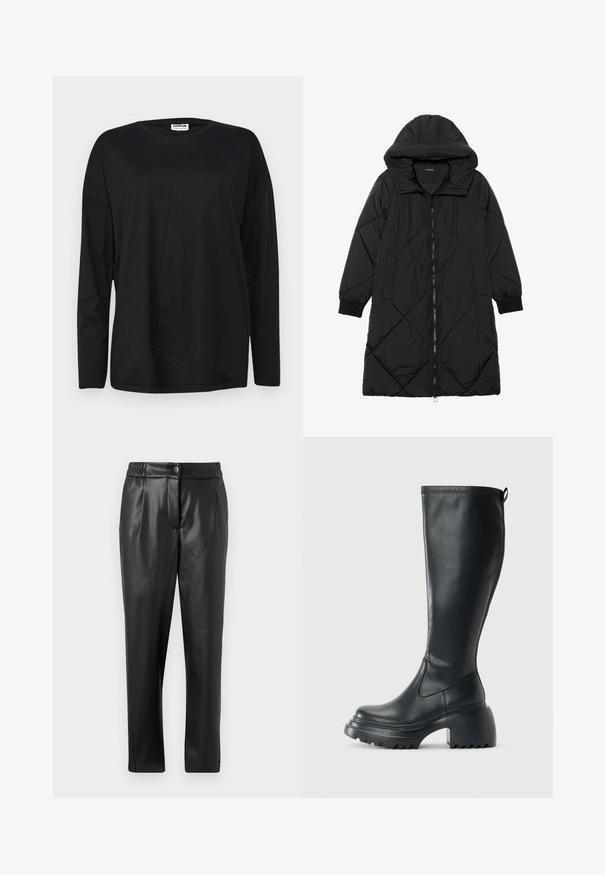 Geacă puffer neagră, matlasată, cu glugă, având închidere cu fermoar, buzunare laterale și manșete elastice. Material neted, rezistent la apă.; Tricou cu mânecă lungă, negru, realizat dintr-un material ușor, având decolteu rotund, croială lejeră și un design cu tiv curbat.; Pantaloni din piele neagră cu o textură netedă, croială dreaptă, talie elastică și închidere cu nasture frontal; detalii plisate și picioare înguste.; Cizme lungi din piele neagră cu talpă platformă masivă și tocul pătrat, având un tab de tragere și un model texturat pe talpa exterioară.