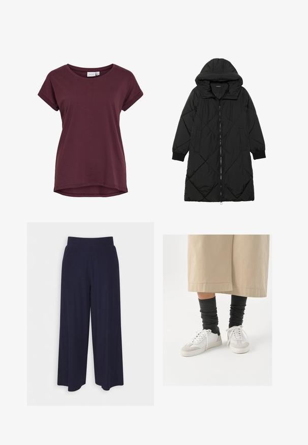 Sort quiltet pufferjakke med hætte, med lynlåslukning, sidelommer og elastiske manchetter. Glat, vandafvisende stof.; Bordeaux kortærmet t-shirt med rund halsudskæring, lidt længere bagpå og oprullede ærmer, lavet af blødt stof.; Bredde bukser i mørkeblå stof med en ribbet tekstur. Har en glat talje og en let silhuet, der når til midten af læggen.; Hvide og grå sneakers med en sort hælakkent, udstyret med en glat læderoverdel og en tekstureret ruskindstoe. Båret med mørkegrå, slouchy sokker.