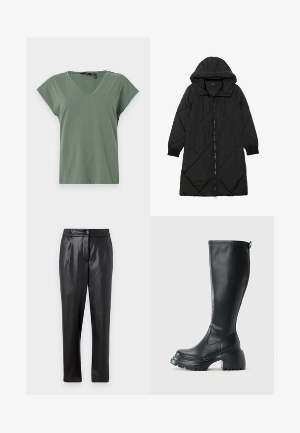 Zwarte gewatteerde pufferjas met een capuchon, voorzien van een ritssluiting, zijzakken en elastische manchetten. Glad, waterafstotend materiaal.; Olijfgroen V-hals T-shirt met korte mouwen, gemaakt van zachte stof. Heeft een ontspannen pasvorm en een strak ontwerp zonder zichtbare logo's.; Zwarte leren broek met een gladde textuur, rechte pasvorm, elastische tailleband en een knoopsluiting aan de voorkant; geplooide details en taps toelopende pijpen.; Hoge zwarte leren laars met een chunky plateauzool en blokhak, voorzien van een trekband en een gestructureerd profiel op de buitenzool.
