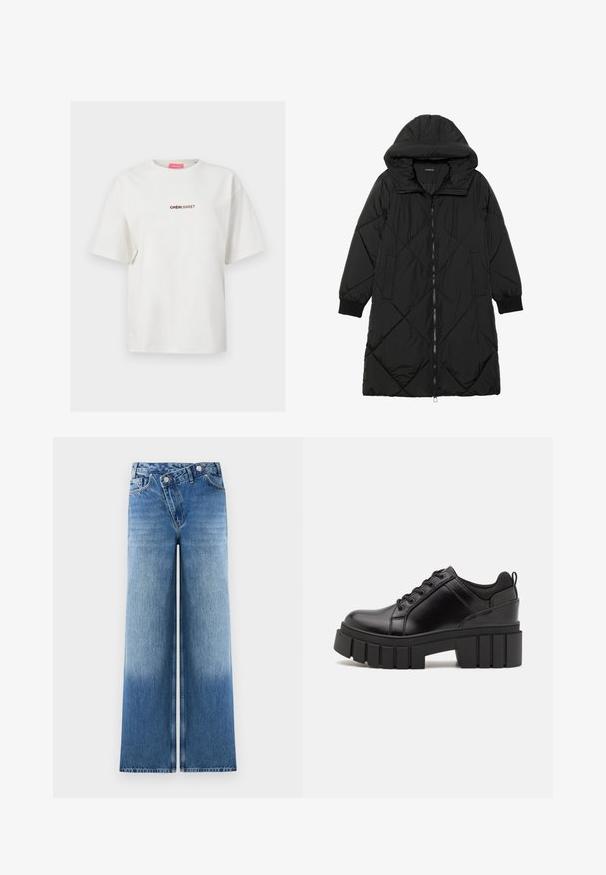 Juodas siūtais pūkų paltas su gobtuvu, turintis užtrauktuką, šonines kišenes ir elastines rankoves. Lygus, vandeniui atsparus audinys.; JJXX JXSANDRA LOOSE SS TEE JRS - Marškinėliai su spaudiniu - egret; Šviesiai mėlynos plačios kojų džinsai su išblukusia danga, turintys klasikinį penkių kišenių dizainą ir metalinius mygtukus juosmens srityje.; Juodi odiniai platformos batai su masyviu blokuota kulniuku, apvalia nosimi ir tradiciniu šnypštimo dizainu. Turintys glotnų paviršių ir minimalų dekoravimą.