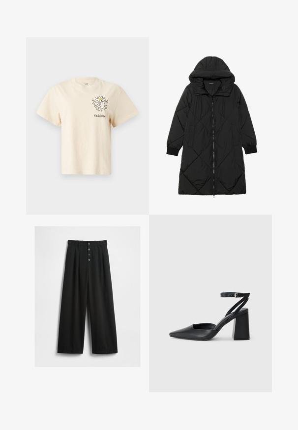 Schwarze, gesteppten Puffermantel mit Kapuze, ausgestattet mit einem Reißverschluss, seitlichen Taschen und elastischen Bündchen. Glattes, wasserabweisendes Material.; Cremfarbendes Baumwoll-T-Shirt mit kurzen Ärmeln, einem runden Ausschnitt und einem bedruckten Design einer Figur, die eine Blume auf der linken Brust hält.; Schwarze weit geschnittene Hosen aus einem strukturierten Stoff. Sie verfügen über eine hohe Taille, einen fünfknöpfigen Frontverschluss und gepresste Falten für zusätzliche Details.; Schwarze Leder-Pumps mit spitzer Zehe, einem Knöchelriemen und einem blockigen Absatz. Flache Textur, elegantes Design und minimalistische Ästhetik.