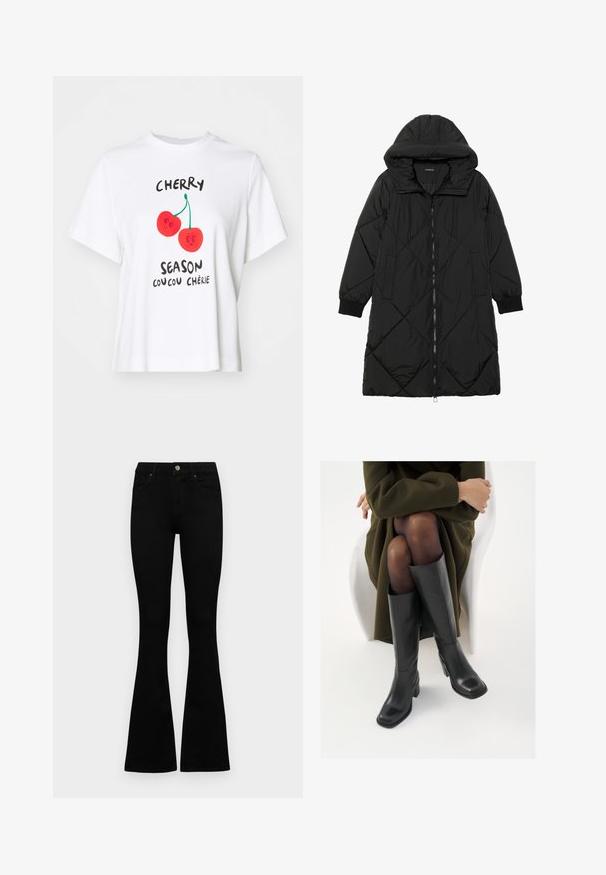 Manteau matelassé noir avec capuche, doté d'une fermeture éclair, de poches latérales et de poignets élastiques. Tissu lisse et résistant à l'eau.; T-shirt en coton blanc avec un design graphique de deux cerises rouges ayant des expressions faciales et le texte "Saison des cerises coucou chérie."; Jean noir taille haute avec fermeture à bouton et à zip, poches avant et jambes évasées, posés à plat sur un fond blanc.; Bottes en cuir noires arrivant au genou, avec un bout carré et un talon carré, présentées sur un modèle assis dans un manteau vert olive. Texture lisse, détails minimaux.