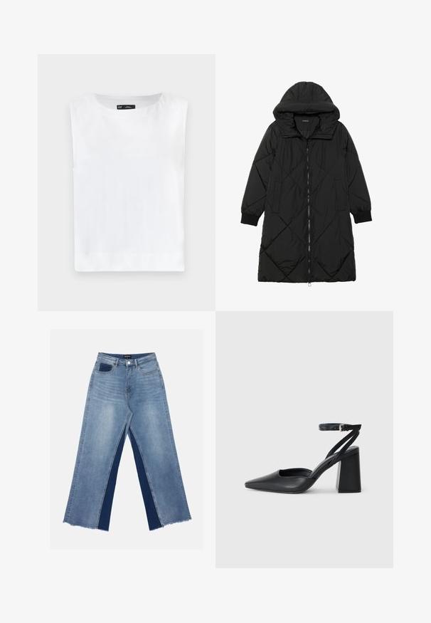 Schwarze, gesteppten Puffermantel mit Kapuze, ausgestattet mit einem Reißverschluss, seitlichen Taschen und elastischen Bündchen. Glattes, wasserabweisendes Material.; Weißes ärmelloses Top mit rundem Halsausschnitt, aus weichem Stoff gefertigt. Gerader Saum ohne sichtbare Muster oder Verzierungen.; Hellblaue weite Jeans mit kontrastierenden dunkelblauen Einsätzen, ausgefransten Säumen und einem normalen Bund mit metallener Knopfverschluss.; Schwarze Leder-Pumps mit spitzer Zehe, einem Knöchelriemen und einem blockigen Absatz. Flache Textur, elegantes Design und minimalistische Ästhetik.