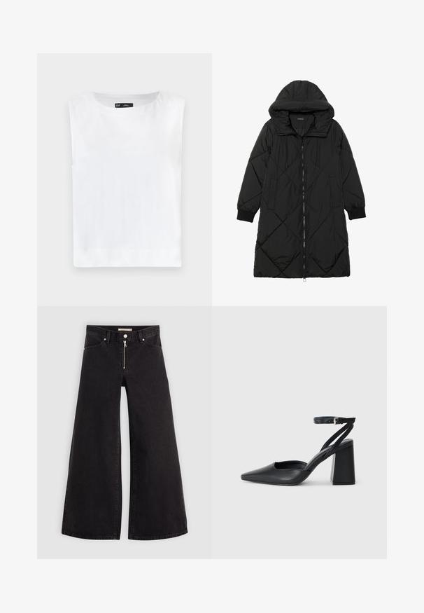 Casaco puffer acolchoado preto com capuz, apresentando um fecho de correr, bolsos laterais e punhos elásticos. Tecido suave e à prova d'água.; Top branco sem mangas com decote redondo, feito de um tecido suave. Barra reta sem padrões ou adornos visíveis.; Calças de ganga de perna larga em denim preto com fecho éclair à frente, design de cinco bolsos e detalhes de costura subtil. Textura suave e estilo casual.; Sandal com biqueira afilada em couro preto, com cinta no tornozelo e salto grosso. Textura lisa, design elegante e estética minimalista.
