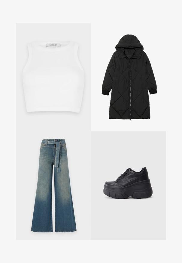 Fekete steppelt pufi kabát kapucnival, cipzáras záródással, oldalsó zsebekkel és elasztikus mandzsettákkal. Simább, vízlepergető anyag.; Fehér bordázott crop top, kerek nyakkivágással és ujjatlan kialakítással. A címke a nyakkivágás közelében "REPLAY" feliratot tartalmaz. Az anyag sima textúrájú.; Bőszárú farmernadrág, világos és sötétkék árnyalatokkal, magas derekú, övgyűrűkkel és a nadrággal megegyező anyagú övvel. Textúrált farmer kivitel.; Fekete fűzős sportcipők vastag talppal, sima bőrből készült felső résszel, kerek orral és jellegzetes, réteges platform dizájnnal.