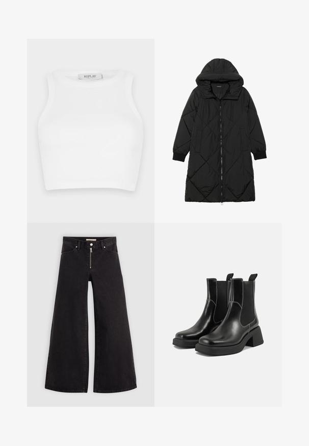 Black quilted puffer coat with a hood, featuring a zip closure, side pockets, and elastic cuffs. Smooth, water-resistant fabric.; White ribbed crop top featuring a round neckline and sleeveless design. Label reads "REPLAY" near the neckline. Smooth texture throughout.; Wide-leg jeans in black denim with a zippered front, five-pocket design, and subtle stitching details. Smooth texture and casual style.; Black leather Chelsea boots with a chunky heel, elastic side panels, and contrasting white stitching. Textured finish.