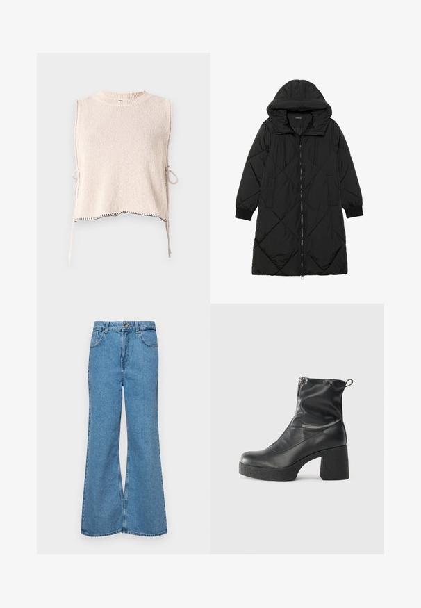 Must-havesinise mustris quiltitudis puffer jakk, millel on kapuuts, tõmblukk, küljetaskud ja elastsed varrukad. Sile, veekindel kangas.; Kootud ilma varrukateta topp helesbeezis, ringikujulise kaelusega ja külje sidemetega. Omab kontrastset musta õmblust servades. Pehme tekstuur.; Heledad sinine flared teksade rõivad, millel on kõrge talje, viis taskut ja üks nupulukk. Pehme tekstuur ja pleekinud viimistlus.; Mustad mustad ansapüksid, mis on valmistatud siledast nahast, külje zipperiga, paksu tekstuuriga kontsaga ja ümmarguse nina disainiga.