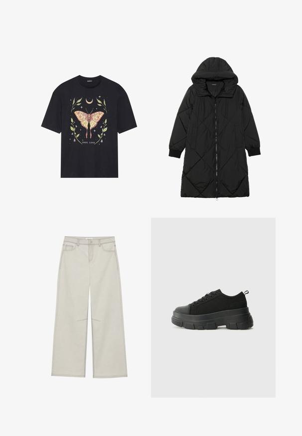 Must-havesinise mustris quiltitudis puffer jakk, millel on kapuuts, tõmblukk, küljetaskud ja elastsed varrukad. Sile, veekindel kangas.; Mustal puuvillane T-särk, millel on värvikas liblikakujutis, mille ümber on lehti ja tähti, allosas tekst "TÕELINE ARMUS".; Heledad hall-gajused püksid, viie taskuga, ette nööpidega kinnitamine ja kontrastne õmblus. Kangas paistab pehme ja vastupidav.; Mustad mustad mustikad, millel on tugev kummist põhi, tekstuuriga kangast pealis, ümar varvas ja seotud disain. Omab tugevdatud silmuseid ja tagumist tõmbeotsta.