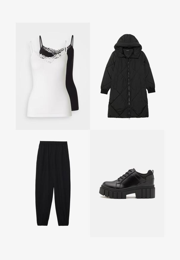 Crna tkanina sa štepom puffer kaput s kapuljačom, sa zatvaračem na zip, bočnim džepovima i elastičnim manžetama. Glatka, vodootporna tkanina.; Dva topa na bretele, jedan bijeli i jedan crni, s podesivim trakama. Bijeli top ima čipkasti rub duž dekoltea. Glatka tekstura.; Crne, lagane hlače s elastičnom stražnjom pasicom i naboranim gležnjevima. Tkanina je glatka i ima opušteni, suženi dizajn.; Crne kožne platforme s debelim blok-peta, okruglim prstima i klasičnim dizajnom vezanja. Imaju gladak tekstur i minimalne detalje.