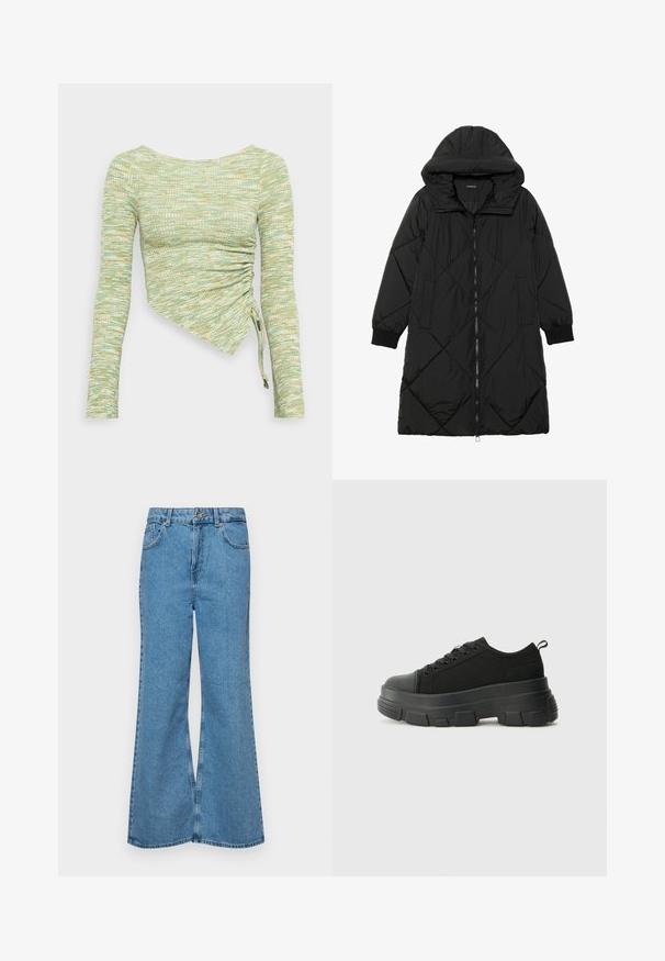 Čierna prešívaná páperová bunda s kapucňou, so zipsom, bočnými vreckami a elastickými manžetami. Hladká, vodeodolná tkanina.; Dlhý rukáv top z textúrovaného látkového materiálu v mätovo zelenej a žltej farbe, s asymetrickým strihom a bočným riasením a šnúrkami na leme.; Svetlomodré rozšírené džínsy vyrobené z denimu, s vysokým pásom, piatimi vreckami a jednopoložkovým zapínaním na gombík. Mäkká textúra s vyblednutým povrchom.; Čierne tenisky s masívnou gumovou podrážkou, textúrovaným textilným zvrškom, okrúhlou špičkou a šnurovaním. Obsahujú spevnené očká a zadný úchop.