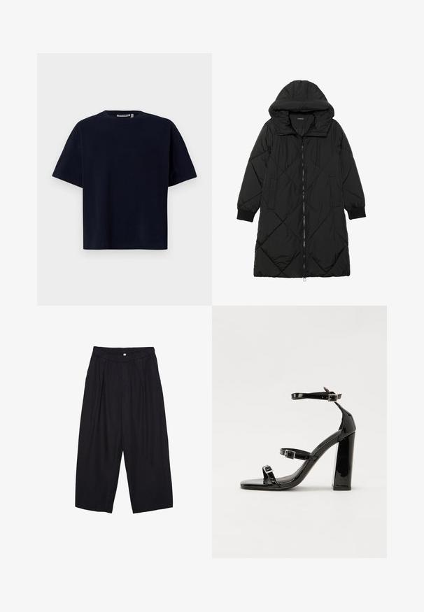 Čierna prešívaná páperová bunda s kapucňou, so zipsom, bočnými vreckami a elastickými manžetami. Hladká, vodeodolná tkanina.; Námornícky modré bavlnené tričko s krátkymi rukávmi, okrúhlym výstrihom a voľným strihom, s minimálnym šitím a bez ďalších vzorov.; Čierne polyesterové culotte nohavice s elastickým pásom, dvoma prednými záhybmi a voľným strihom. Žiadne viditeľné vzory ani detaily z kovu.; Čierne lakované sandále na podpätku so štvorcovou špičkou, navlečenými remienkami okolo členku a striebornými prackami. Disponujú masívnym blokovým podpätkom pre stabilitu.