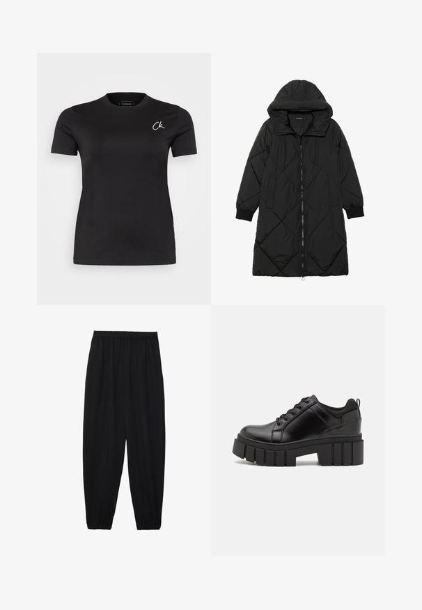 Geacă puffer neagră, matlasată, cu glugă, având închidere cu fermoar, buzunare laterale și manșete elastice. Material neted, rezistent la apă.; Tricou scurt din bumbac, de culoare neagră, cu un logo alb brodat "CK" pe partea stângă a pieptului, design cu guler rotund.; Pantaloni negri, ușori, cu un brâu elastic și tivuri strânse. Materialul este neted și are un design relaxat, conic.; Pantofi cu talpă plată din piele neagră, cu toc gros, vârf rotund și design tradițional cu șireturi. Prezintă o textură netedă și detalii minime.