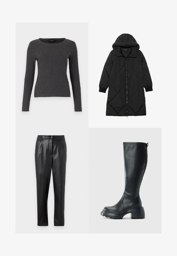 Crna tkanina sa štepom puffer kaput s kapuljačom, sa zatvaračem na zip, bočnim džepovima i elastičnim manžetama. Glatka, vodootporna tkanina.; Even&Odd Top dugih rukava - dark grey melange; Crne kožne hlače s glatkom teksturom, ravnog kroja, elastičnim pojasom i prednjim kopčanjem na dugme; nabran detalj i suženi nogavič.; Visoke crne kožne čizme s debelim platformskim đonom i blok petom, s patentom za povlačenje i teksturiranim uzorkom na potplatu.