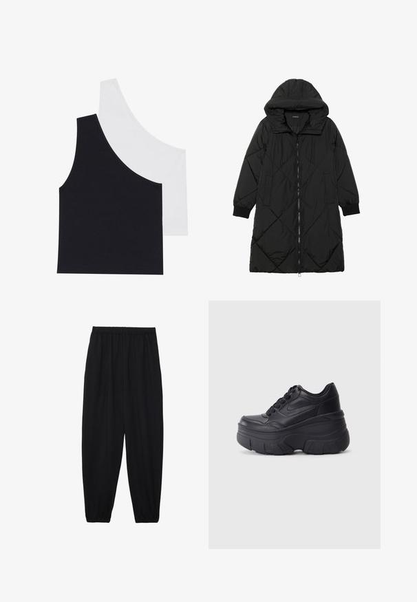 Cappotto imbottito nero trapuntato con cappuccio, caratterizzato da chiusura con zip, tasche laterali e polsini elastici. Tessuto liscio e resistente all'acqua.; Canottiere a righe in bianco e nero con scollo asimmetrico; morbido tessuto misto cotone; design aderente; senza hardware o modelli visibili.; Pantaloni neri leggeri con vita elastica e caviglie arricciate. Il tessuto è liscio e presenta un design rilassato e affusolato.; Sneaker nere con lacci e suola spessa, caratterizzate da una tomaia in pelle liscia, punta arrotondata e un distintivo design a piattaforma stratificata.