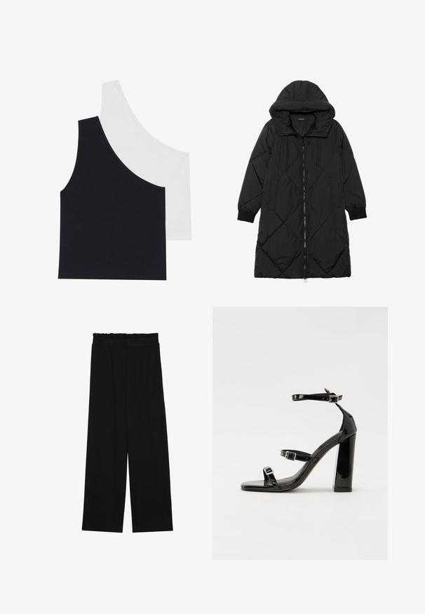 Schwarze, gesteppten Puffermantel mit Kapuze, ausgestattet mit einem Reißverschluss, seitlichen Taschen und elastischen Bündchen. Glattes, wasserabweisendes Material.; Schwarz-weiße gerippte Tanktops mit asymmetrischem Ausschnitt; weicher Baumwollmischungsstoff; taillierte Passform; keine sichtbare Hardware oder Muster.; Schwarze weit geschnittene Hose mit einem gerüschten Bund, ausgestattet mit zwei Seitentaschen und einem glatten, leichten Stoff. Keine sichtbaren Muster oder Beschläge.; Schwarze Lackleder-Sandalen mit hohen Absätzen, zwei Riemen mit Schnallen, quadratischer Zehenpartie und klobigem Blockabsatz, mit einer glatten, glänzenden Textur.