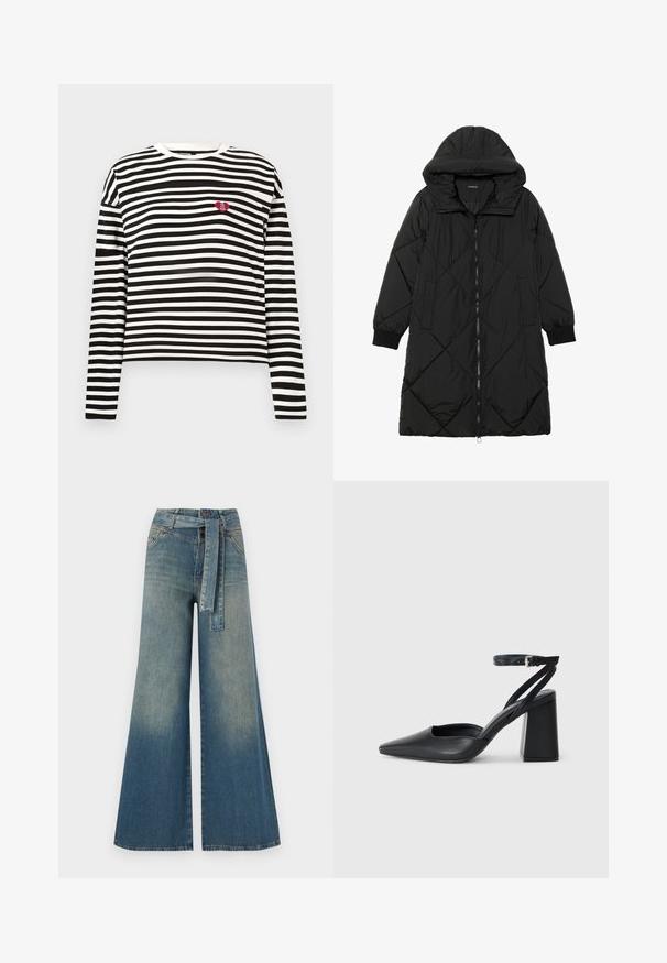 Schwarze, gesteppten Puffermantel mit Kapuze, ausgestattet mit einem Reißverschluss, seitlichen Taschen und elastischen Bündchen. Glattes, wasserabweisendes Material.; Schwarz-weißer langärmeliger gestreifter Shirt mit einem kleinen roten Herz-Patch, auf dem "The VIP Club" steht, auf der linken Brust.; Weit geschnittene Denim-Hosen mit einem Farbverlauf von hellblau zu dunkelblau, hoher Taille, Gürtelschlaufen und einem passenden Stoffgürtel. Strukturierte Denim-Oberfläche.; Schwarze Leder-Pumps mit spitzer Zehe, einem Knöchelriemen und einem blockigen Absatz. Flache Textur, elegantes Design und minimalistische Ästhetik.