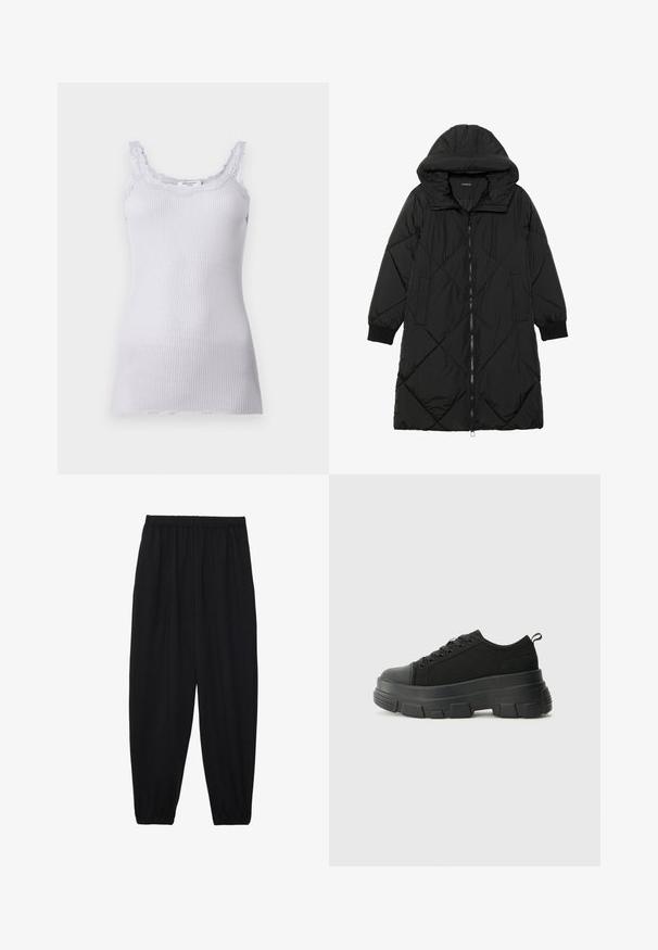 Geacă puffer neagră, matlasată, cu glugă, având închidere cu fermoar, buzunare laterale și manșete elastice. Material neted, rezistent la apă.; Top de damă cu bretele, de culoare lila, cu model texturat și dantelă pe marginea gâtului și pe bretele. Are o siluetă ajustată și o textură moale. Fără logo-uri vizibile.; Pantaloni negri, ușori, cu un brâu elastic și tivuri strânse. Materialul este neted și are un design relaxat, conic.; Adidași negri cu talpă groasă din cauciuc, superior din material texturat, bot rotund și design cu șireturi. Include gauri întărite pentru șireturi și o buclă pe spate.