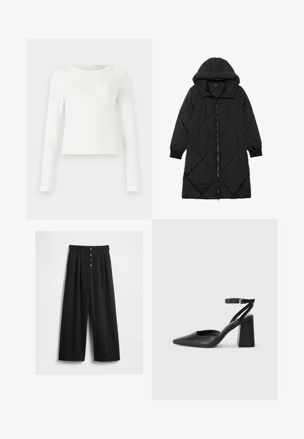 Schwarze, gesteppten Puffermantel mit Kapuze, ausgestattet mit einem Reißverschluss, seitlichen Taschen und elastischen Bündchen. Glattes, wasserabweisendes Material.; Weißes Langarmshirt mit Rippstruktur und Rundhalsausschnitt. Glatte Textur, figurbetonter Schnitt und keine sichtbaren Muster oder Akzente. Schlichter und minimalistischer Stil.; Schwarze weit geschnittene Hosen aus einem strukturierten Stoff. Sie verfügen über eine hohe Taille, einen fünfknöpfigen Frontverschluss und gepresste Falten für zusätzliche Details.; Schwarze Leder-Pumps mit spitzer Zehe, einem Knöchelriemen und einem blockigen Absatz. Flache Textur, elegantes Design und minimalistische Ästhetik.