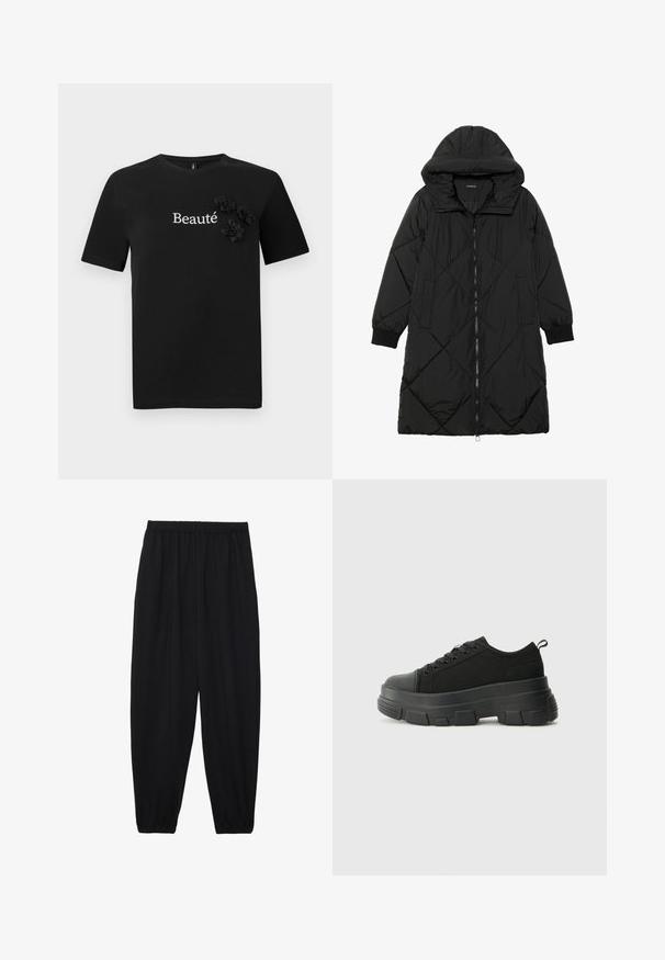 Fekete steppelt pufi kabát kapucnival, cipzáras záródással, oldalsó zsebekkel és elasztikus mandzsettákkal. Simább, vízlepergető anyag.; Fekete pamut póló rövid ujjal, kerek nyakkivágással, amelyen a "Beauté" felirat fehér színben, három szövet virág díszítéssel található.; Fekete, könnyű nadrág elasztikus derékkal és ráncolt bokákkal. Az anyag sima és laza, szűkített dizájnnal rendelkezik.; Fekete sportcipők vastag gumitalppal, texturált szövet felsőrésszel, kerek orral és fűzős kialakítással. Megerősített fűzőlyukakkal és hátsó húzófüllel rendelkezik.