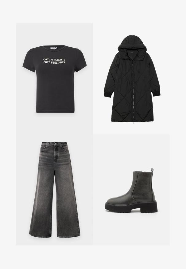 Svart vadderad jacka med huva, med dragkedja, sidofickor och elastiska ärmslut. Slät, vattenavvisande tyg.; Svart bomullströja med korta ärmar som har vit text som säger "CATCH FLIGHTS NOT FEELINGS." Klassisk rundhalsad design.; Breda svarta denimjeans med en urtvättad finish, femficksdesign och knappstängning vid midjan, med stickade detaljer.; Svarta ankelstövlar med en slät syntetisk ovandel, elastiska sidopaneler, en dragflik och en kraftig gummisula.