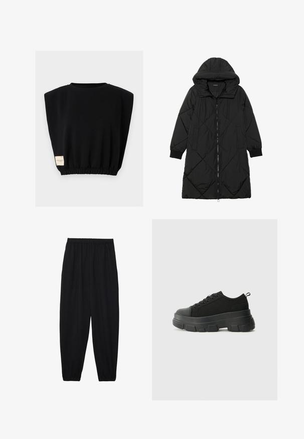 Črna prešita puffer jakna s kapuco, ki ima zadrgo, stranske žepe in elastične manšete. Gladek, vodoodporen material.; Črna kratka majica s kratkimi rokavi, sproščenega kroja, z elastiko na robu in oznako na levi strani. Narejena iz mehke, udobne tkanine.; Črne, lahke hlače z elastičnim pasom in nabranimi gležnji. Tkanina je gladka in ima sproščen, taperiran dizajn.; Črne teniske z debelim gumijastim podplatom, zgornji del iz teksturirane tkanine, okrogla punta in zavezovanje z vrvicami. Vključujejo ojačane luknje za vrvice in zanko na hrbtu.
