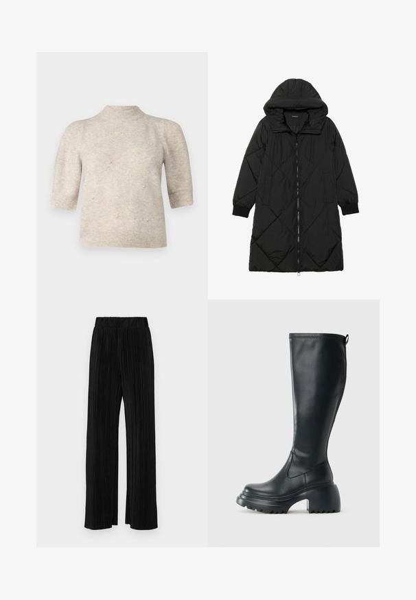 Melnas quiltētas pūkara mētelis ar kapuci, ar rāvējslēdzēja aizdari, sānu kabatām un elastīgām aprocēm. Gluda, ūdensizturīga auduma.; Īsām piedurknēm, augsta kakla džemperis maiga, gaiši bēša adījumā, ar maziem pērļu akcentiem priekšpusē un ribotām piedurknēm un apakšmalu.; Melni plīšu bikses ar elastīgu jostu. Tām ir platākas kājas un gluda, teksturēta auduma ar vertikālām svītrām.; Augstas melnas ādas zābakus ar masīvu platformu un bloka papēdi, ar vilkšanas cilpu un strukturētu profilu uz ārējā zoles.