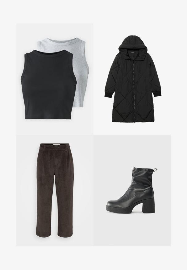 Casaco puffer acolchoado preto com capuz, apresentando um fecho de correr, bolsos laterais e punhos elásticos. Tecido suave e à prova d'água.; Even&Odd Petite 2 PACK - Top - light grey/black; Calças de veludo cotelê castanhas com um design de perna reta, textura subtil e fecho frontal por botão, com bolsos laterais.; Botas de tornozelo pretas feitas de couro liso, com fecho lateral, salto grosso texturizado e design de bico arredondado.