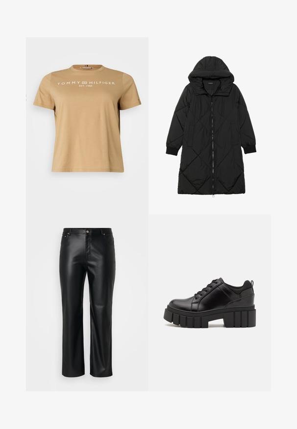 Black quilted puffer coat with a hood, featuring a zip closure, side pockets, and elastic cuffs. Smooth, water-resistant fabric.; Tan cotton t-shirt with a round neck, short sleeves, and white "TOMMY HILFIGER EST. 1985" text on the front. Classic fit.; Black faux leather pants with a straight cut, featuring belt loops, front pockets, and a zip fly with a button closure. Smooth texture.; Black leather platform shoes with a chunky block heel, round toe, and traditional lace-up design. Features smooth texture and minimal detailing.