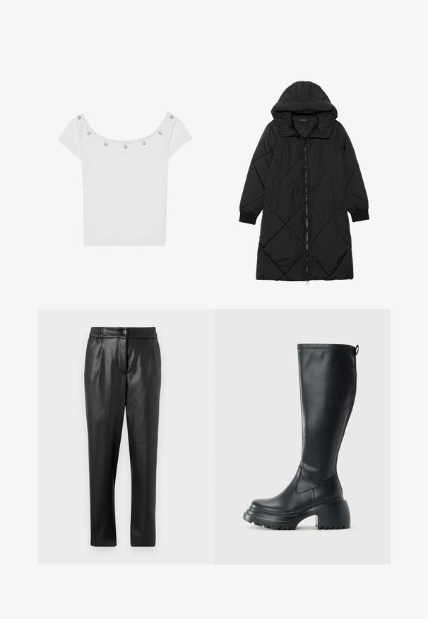 Geacă puffer neagră, matlasată, cu glugă, având închidere cu fermoar, buzunare laterale și manșete elastice. Material neted, rezistent la apă.; Top alb cu mânecă scurtă, dintr-un material texturat cu nervuri și cu un guler larg, având cinci gromete metalice argintii pe marginea din față.; Pantaloni din piele neagră cu o textură netedă, croială dreaptă, talie elastică și închidere cu nasture frontal; detalii plisate și picioare înguste.; Cizme lungi din piele neagră cu talpă platformă masivă și tocul pătrat, având un tab de tragere și un model texturat pe talpa exterioară.
