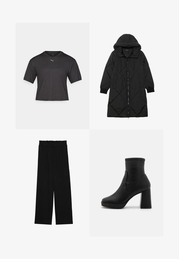 Černá prošívaná péřová bunda s kapucí, vybavená zipovým zapínáním, bočními kapsami a elastickými manžetami. Hladká, voděodolná tkanina.; Černé tričko s krátkým rukávem, zkrácený design, vyrobené z materiálu, který odvádí vlhkost. Obsahuje malé stříbrné logo Puma na hrudi.; Černé široké nohavice s volánkovým pasem, které mají dvě boční kapsy a hladkou, lehkou tkaninu. Žádné viditelné vzory ani kovové prvky.; Černá kožená kotníková bota s vysokým blokovým podpatkem, hladkou texturou a přiléhavým svrškem. Má bezproblémový design bez viditelných zapínání.