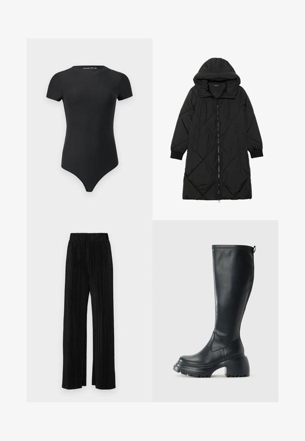 Black quilted puffer coat with a hood, featuring a zip closure, side pockets, and elastic cuffs. Smooth, water-resistant fabric.; Black short-sleeve bodysuit made from stretchy fabric, featuring a round neckline and a fitted design with a thong-style bottom.; Black pleated trousers with an elastic waistband. Features wide legs and a smooth, textured fabric with vertical stripes.; Tall black leather boot with chunky platform sole and block heel, featuring pull tab and textured tread on outsole.
