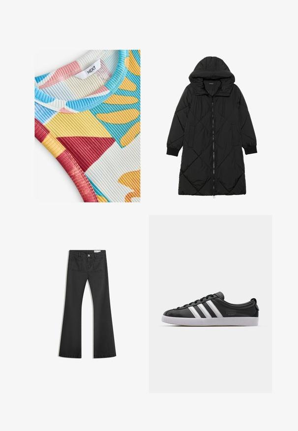 Černá prošívaná péřová bunda s kapucí, vybavená zipovým zapínáním, bočními kapsami a elastickými manžetami. Hladká, voděodolná tkanina.; Next REGULAR FIT - RACER TANK SLEEVELESS - Top - blue yellow; Černé rozšířené džíny vyrobené z jemného džínsového materiálu, se dvěma zadními kapsami a zapínáním na knoflík v pase.; Černé kožené tenisky s bílým trojitým pruhovaným designem, kulatou špičkou, plochou bílou gumovou podrážkou a značkovým detailem na boku.