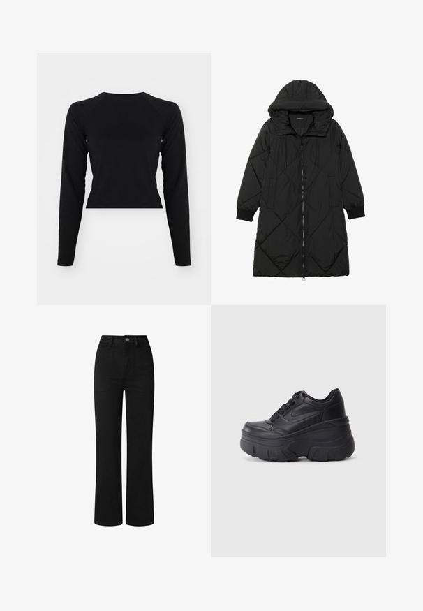 Fekete steppelt pufi kabát kapucnival, cipzáras záródással, oldalsó zsebekkel és elasztikus mandzsettákkal. Simább, vízlepergető anyag.; Fekete, hosszú ujjú, rövid fazonú felső kerek nyakkal és raglánujjal. Sima textúra, minimalista dizájn, látható minták vagy hardver nélkül.; Fekete, magas derekú nadrág, egyenes lábformával, sima pamutszövetből készült. Elöl zsebekkel és egyszerű fémből készült gombos záródással rendelkezik.; Fekete fűzős sportcipők vastag talppal, sima bőrből készült felső résszel, kerek orral és jellegzetes, réteges platform dizájnnal.
