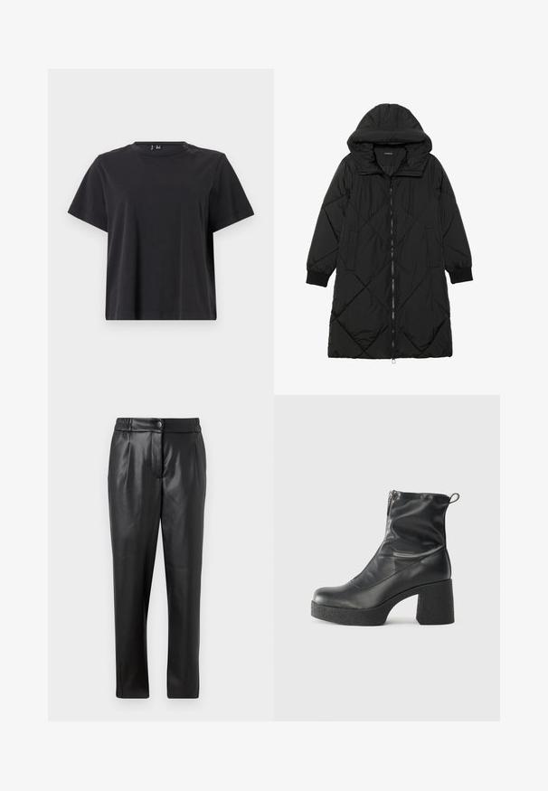 Czarna pikowana kurtka puchowa z kapturem, z zapięciem na zamek, bocznymi kieszeniami i elastycznymi mankietami. Gładki, wodoodporny materiał.; Czarna koszulka z krótkim rękawem o okrągłym dekolcie, wykonana z miękkiej bawełny; ma luźny krój i jednolity kolor bez wzorów.; Czarne skórzane spodnie o gładkiej fakturze, prostym kroju, elastycznym pasie i zapięciu na guzik z przodu; z plisowanymi detalami i zwężanymi nogawkami.; Czarne botki za kostkę wykonane z gładkiej skóry, wyposażone w boczny zamek błyskawiczny, masywny teksturowany obcas oraz zaokrąglony czubek.