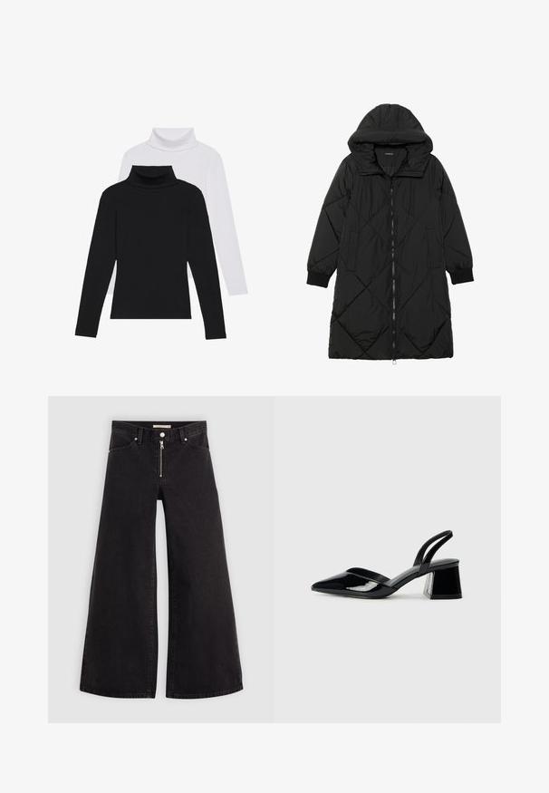 Zwarte gewatteerde pufferjas met een capuchon, voorzien van een ritssluiting, zijzakken en elastische manchetten. Glad, waterafstotend materiaal.; Zwart-witte longsleeve turtlenecks gestapeld, gemaakt van ribbelstof, met getailleerde vormen en hoge collen.; Wijdvallende jeans van zwarte denim met een ritssluiting aan de voorkant, vijf zakken en subtiele stikdetails. Soepele textuur en casual stijl.; Zwarte gepatineerde leren slingback hakken met een spitse neus en een geometrische blokhak. Kenmerkt zich door een slank, minimalistisch ontwerp en een gladde textuur.