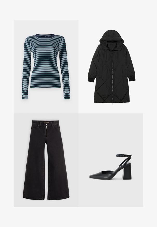 Sort quiltet pufferjakke med hætte, med lynlåslukning, sidelommer og elastiske manchetter. Glat, vandafvisende stof.; Langærmet, tætsiddende top i marineblå med skiftende hvide og teal horisontale striber. Blødt ribbet tekstur, rund halsudskæring og et enkelt design.; Vide ben jeans i sort denim med lynlås foran, fem lomme-design og subtile stikninger. Glat tekstur og afslappet stil.; Sort læder spidse pumps med ankelrem og en chunky hæl. Flad tekstur, slankt design og minimalistisk æstetik.