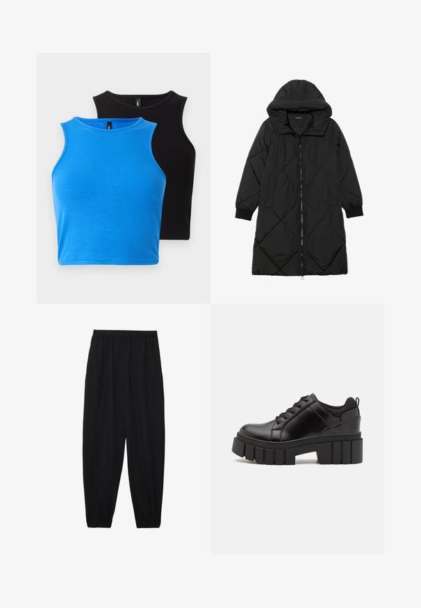 Abrigo acolchado negro con capucha, que cuenta con cierre de cremallera, bolsillos laterales y puños elásticos. Fabricado con un tejido liso y resistente al agua.; Dos tops cortos sin mangas ajustados: uno en tela de color azul acanalada y el otro en negro acanalado. Ambos tienen escote redondo y una textura suave.; Pantalones negros, ligeros, con cintura elástica y tobillos fruncidos. La tela es suave y presenta un diseño relajado y ajustado.; Zapatos de plataforma de cuero negro con un tacón cuadrado grueso, punta redonda y diseño tradicional de cordones. Presenta una textura suave y un detalle minimalista.