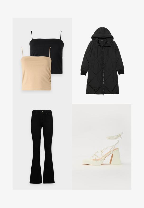 Casaco puffer acolchoado preto com capuz, apresentando um fecho de correr, bolsos laterais e punhos elásticos. Tecido suave e à prova d'água.; Duas blusas de alças, uma em preto e outra em bege. Feitas de um material macio e elástico com finas alças de espaguete e um corte ajustado.; Jeans pretos de cintura alta com fecho de botão e zíper, bolsos frontais e pernas largas dispostos em cima de um fundo branco.; Sandálias brancas de salto alto com um salto robusto, apresentando um design com tiras e amarração no tornozelo. Textura suave com uma plataforma na frente para altura adicional.