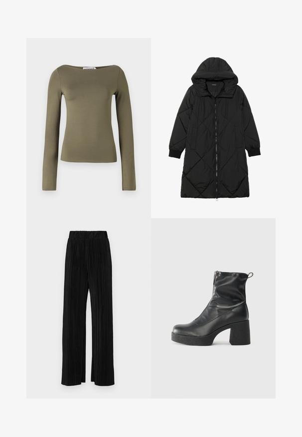 Juodas siūtais pūkų paltas su gobtuvu, turintis užtrauktuką, šonines kišenes ir elastines rankoves. Lygus, vandeniui atsparus audinys.; Olive žalia ilgarankovė palaidinė su prigludusia forma, pagaminta iš lygios, tamprios medžiagos, su plačiu iškirpimu ir minimaliu siūlių kiekiu.; Juodi plisuoti kelnės su elastine juosta. Turėkite plačias kojas ir glotnų, tekstūrinį audinį su vertikaliais dryžiais.; Juodos kulkšninių botai, pagaminti iš lygaus odos, su šoniniu užtrauktuku, masyviu tekstūruotu kulnu ir apvaliu pirštu.
