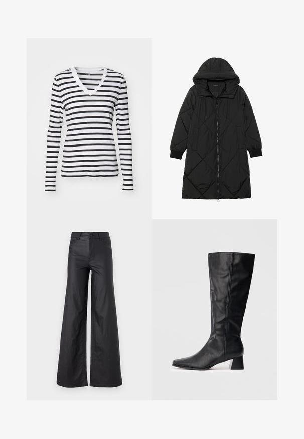 Juodas siūtais pūkų paltas su gobtuvu, turintis užtrauktuką, šonines kišenes ir elastines rankoves. Lygus, vandeniui atsparus audinys.; Juoda ir balta horizontaliomis juostelėmis ilgomis rankovėmis V formos marškinėliai, pagaminti iš minkštos medžiagos, su prigludusia forma ir kontrastinga iškirpte.; Juodos, plačios kelnės iš dirbtinės odos. Yra aukštas liemuo, kilpelės diržui, dvi priekinės kišenės ir siuvinėti detalėmis.; Juodas odinis vidutinio ilgio botas su smailiu kojų pirštu ir blokuotu kulnu ant vienspalvio šviesaus fono.