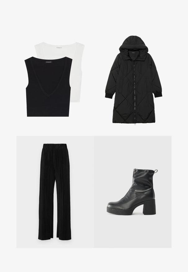 Juodas siūtais pūkų paltas su gobtuvu, turintis užtrauktuką, šonines kišenes ir elastines rankoves. Lygus, vandeniui atsparus audinys.; Du švarkai be rankovių, rimbuoti, juodos ir baltos spalvos. Abu turi V formos iškirpę ir minkštą audinį. Ženklas matomas ant juodo švarko.; Juodi plisuoti kelnės su elastine juosta. Turėkite plačias kojas ir glotnų, tekstūrinį audinį su vertikaliais dryžiais.; Juodos kulkšninių botai, pagaminti iš lygaus odos, su šoniniu užtrauktuku, masyviu tekstūruotu kulnu ir apvaliu pirštu.